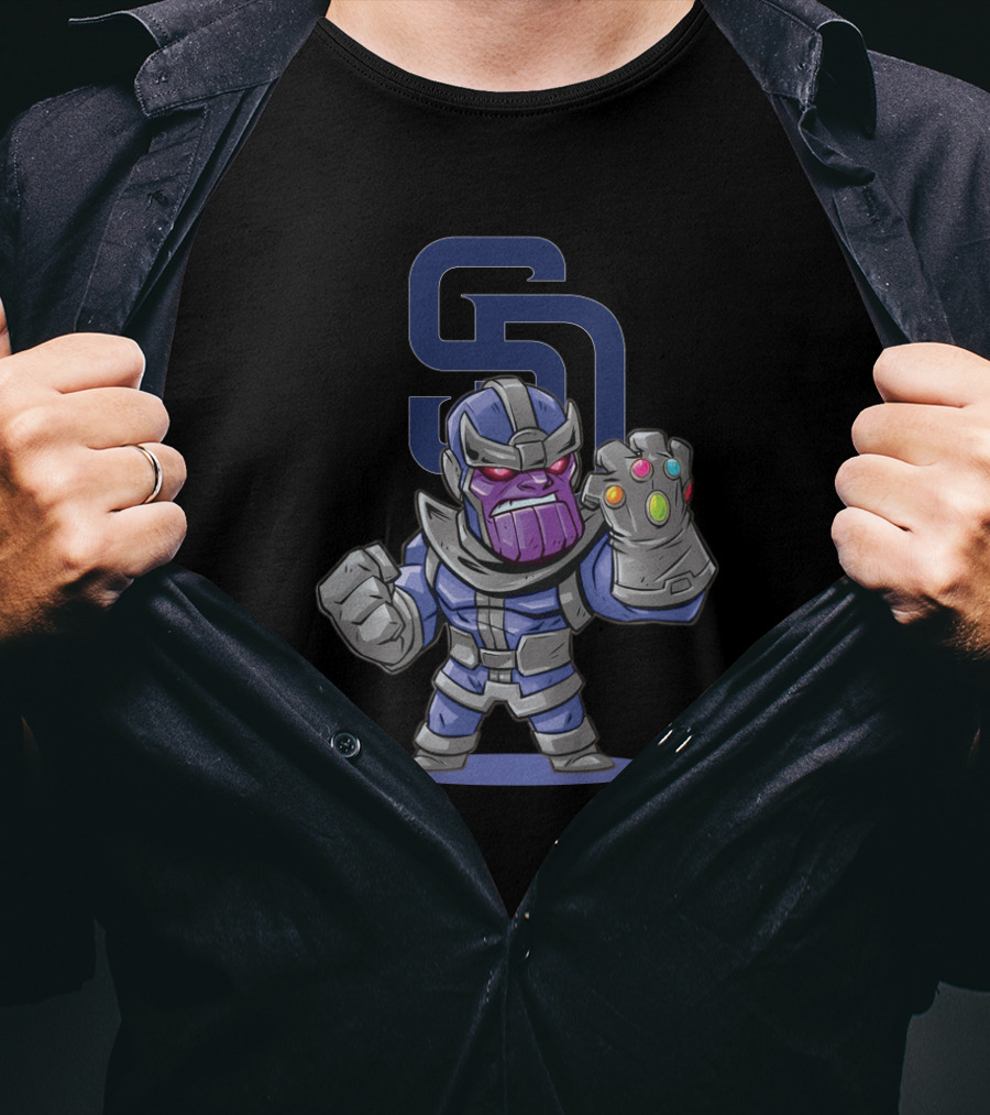 SD Padres Logo With Cartoon Thanos And Infinity Gauntlet T-Shirt