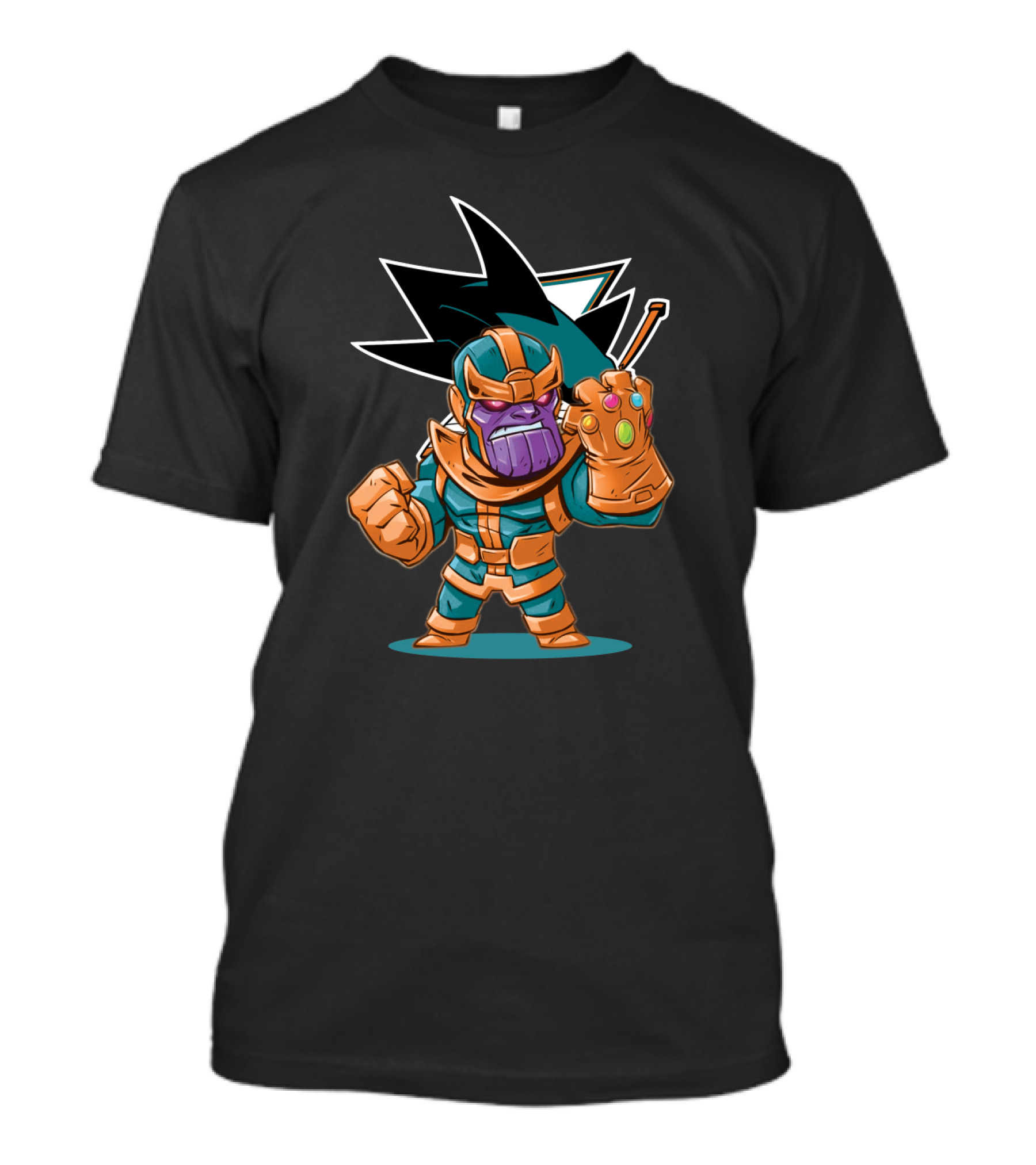 Thanos In San Jose Sharks Colors With Infinity Gauntlet And Hockey Stick T-Shirt