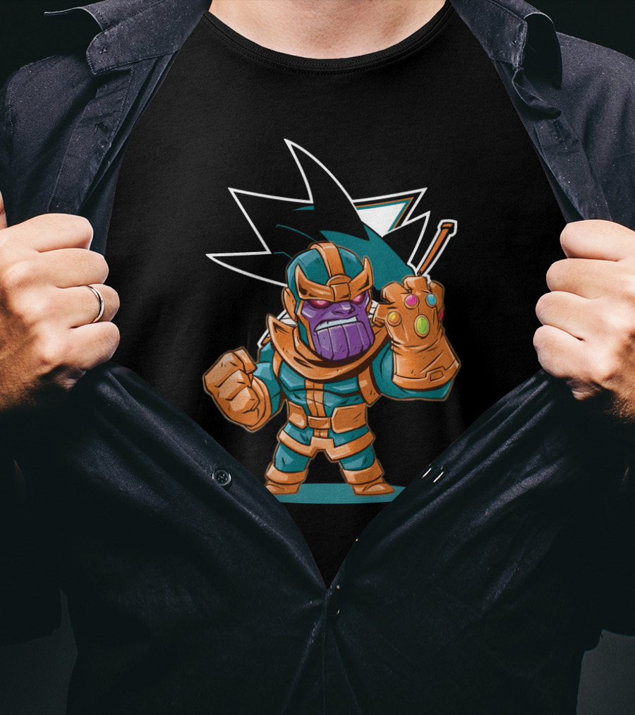Thanos In San Jose Sharks Colors With Infinity Gauntlet And Hockey Stick T-Shirt
