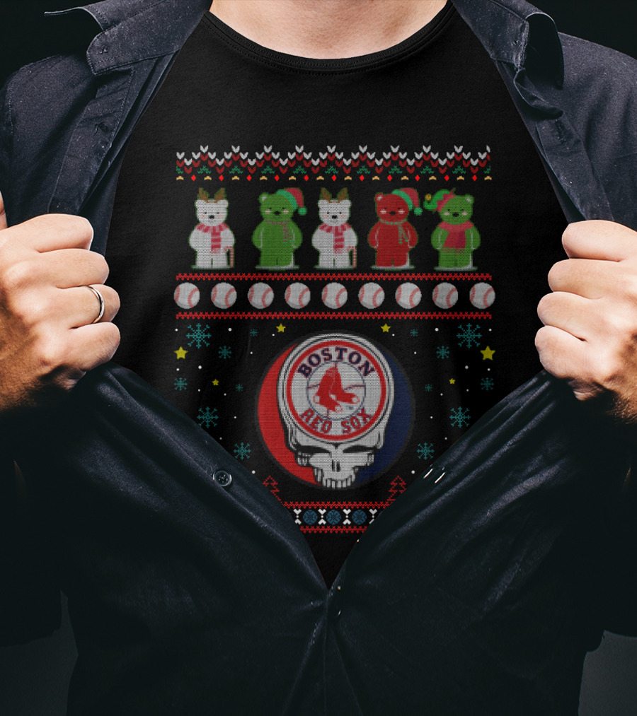 Boston Red Sox Grateful Dead Bears Ugly Christmas T-Shirt