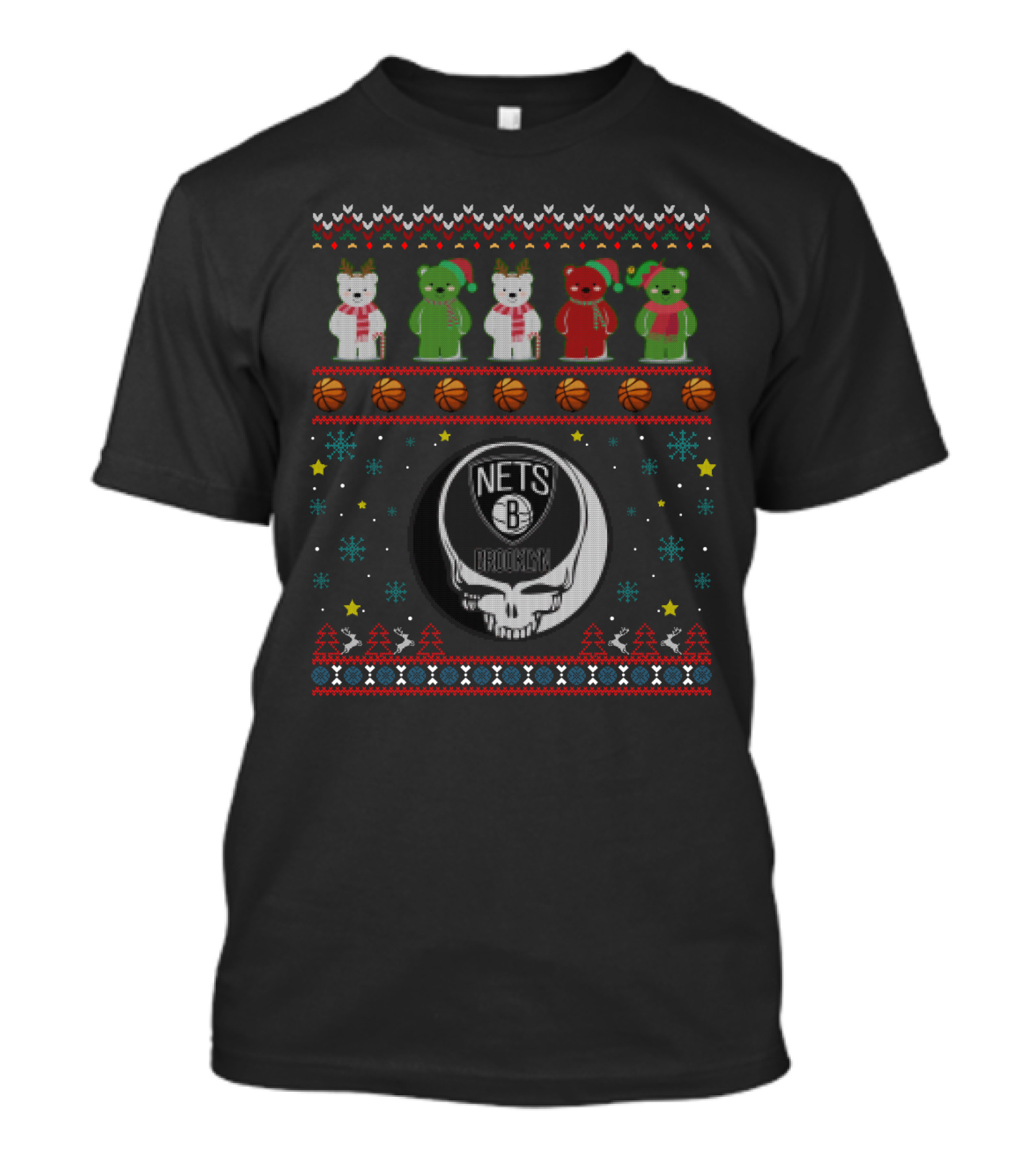 Brooklyn Nets Grateful Dead Bears Christmas Basketball T-Shirt