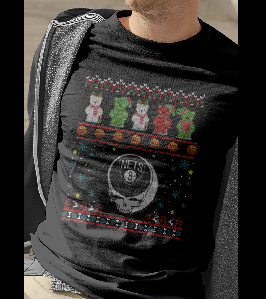 Brooklyn Nets Grateful Dead Bears Christmas Basketball T-Shirt