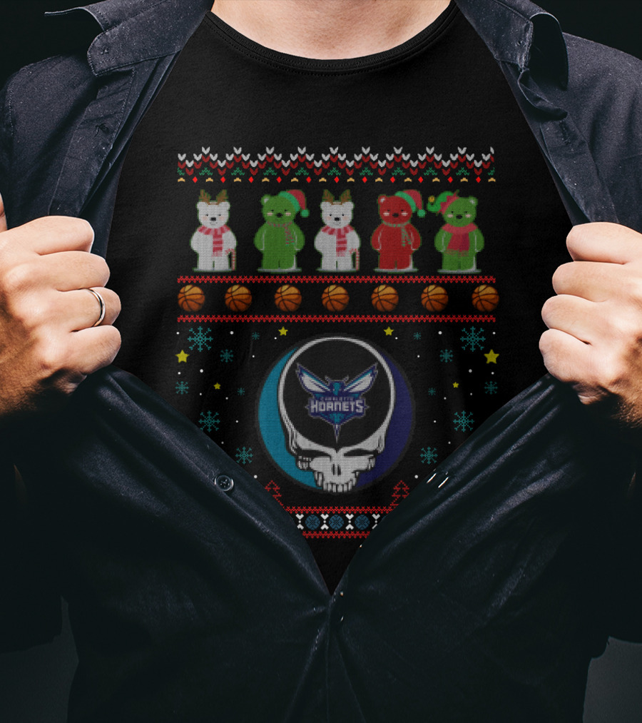Charlotte Hornets Grateful Dead Bears Christmas T-Shirt