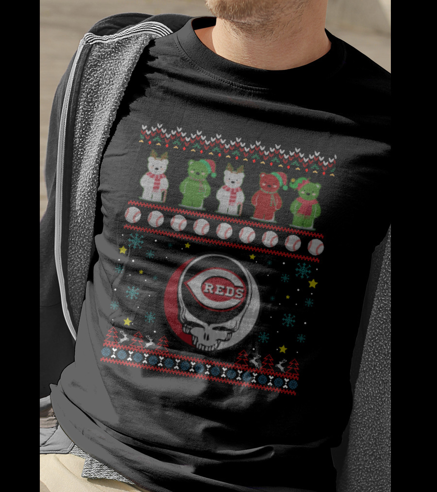 Cincinnati Reds Grateful Dead Dancing Bears Baseball Skull Holiday T-Shirt