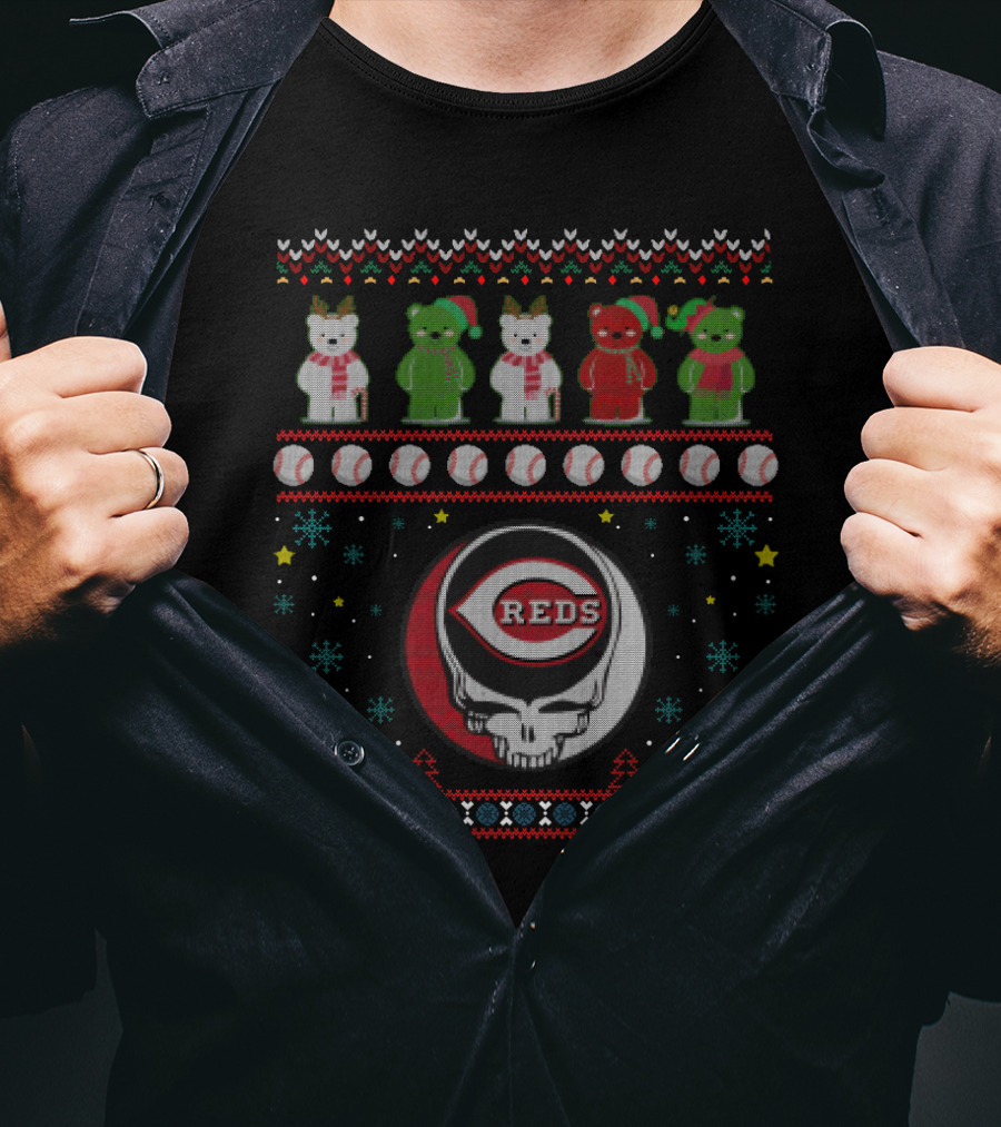 Cincinnati Reds Grateful Dead Dancing Bears Baseball Skull Holiday T-Shirt