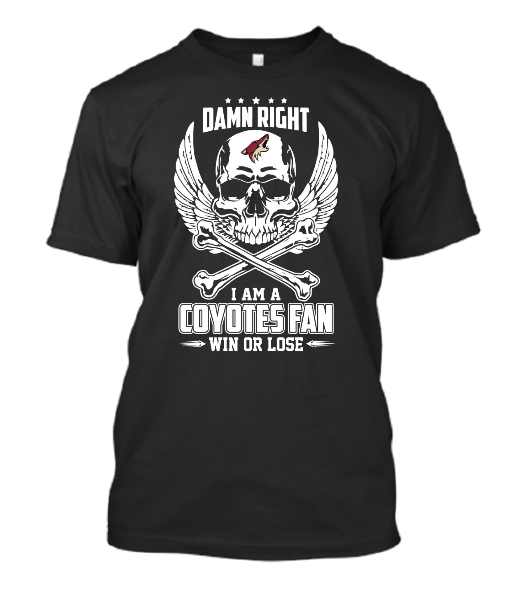 Damn Right I Am A Coyotes Fan Win Or Lose Skull With Wings And Crossbones T-Shirt