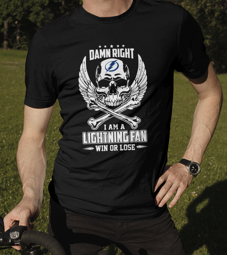 Damn Right I Am A Tampa Bay Lightning Fan Win Or Lose Skull With Wings T-Shirt