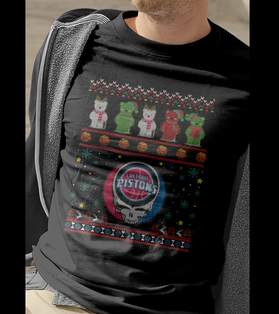 Detroit Pistons Grateful Dead Bears Xmas Sweater Logos T-Shirt