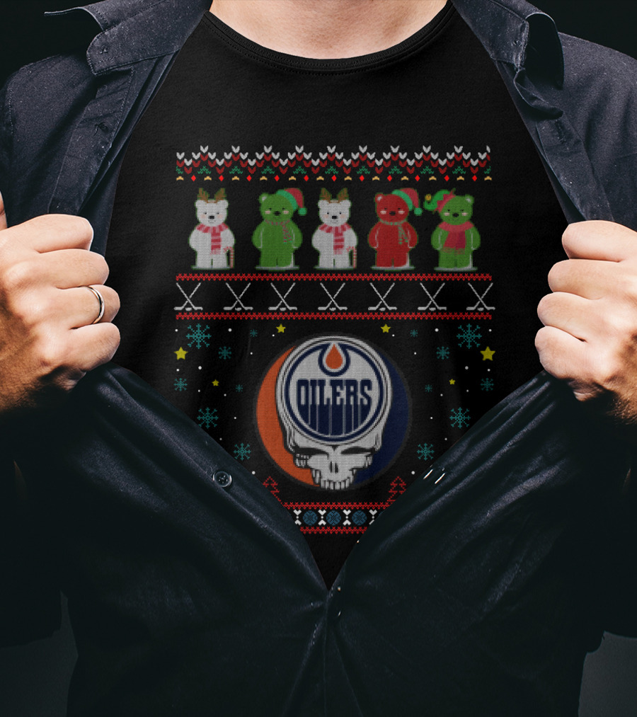 Edmonton Oilers Grateful Dead Bears Festive Knit T-Shirt