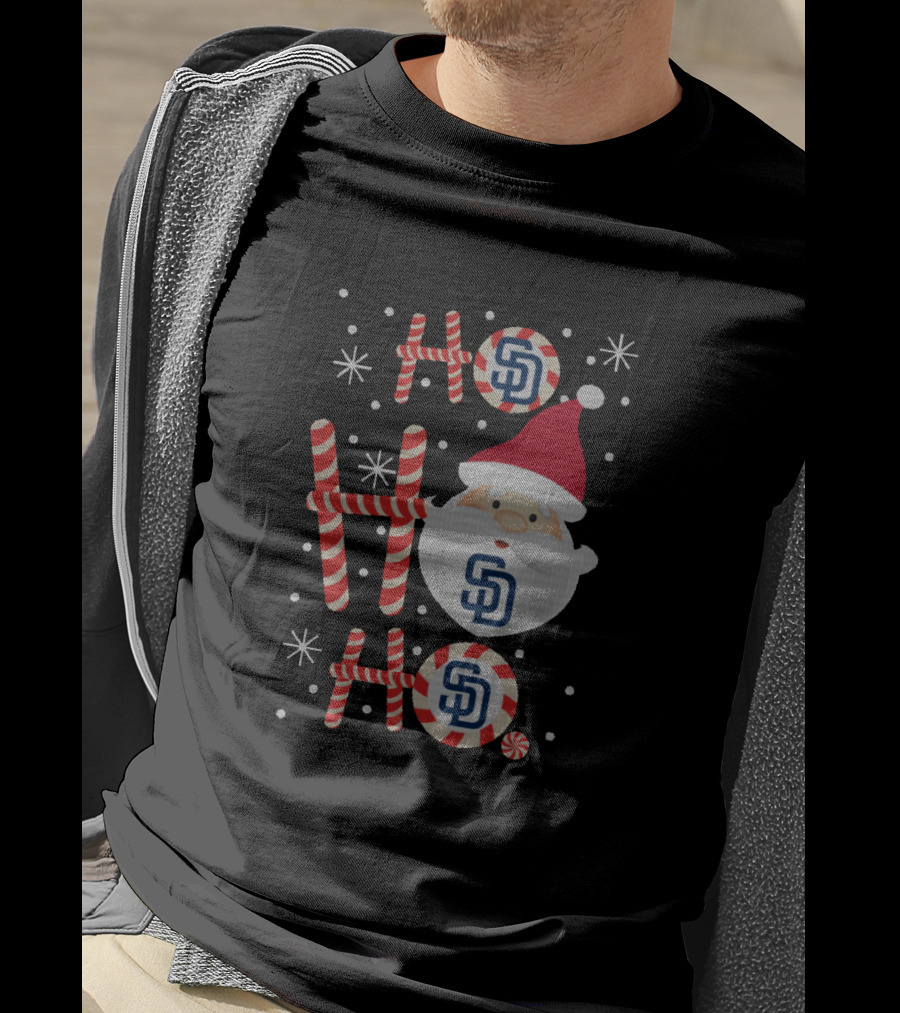 Ho Ho Ho Christmas San Diego Padres Santa Candy Cane Snowflakes T-Shirt