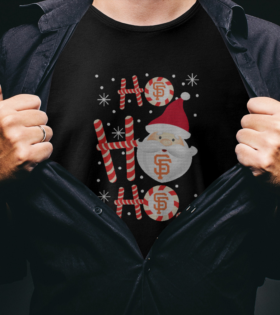 Ho Ho Ho Christmas San Francisco Giants Fans Santa Hat Candy Cane Snowflakes T-Shirt