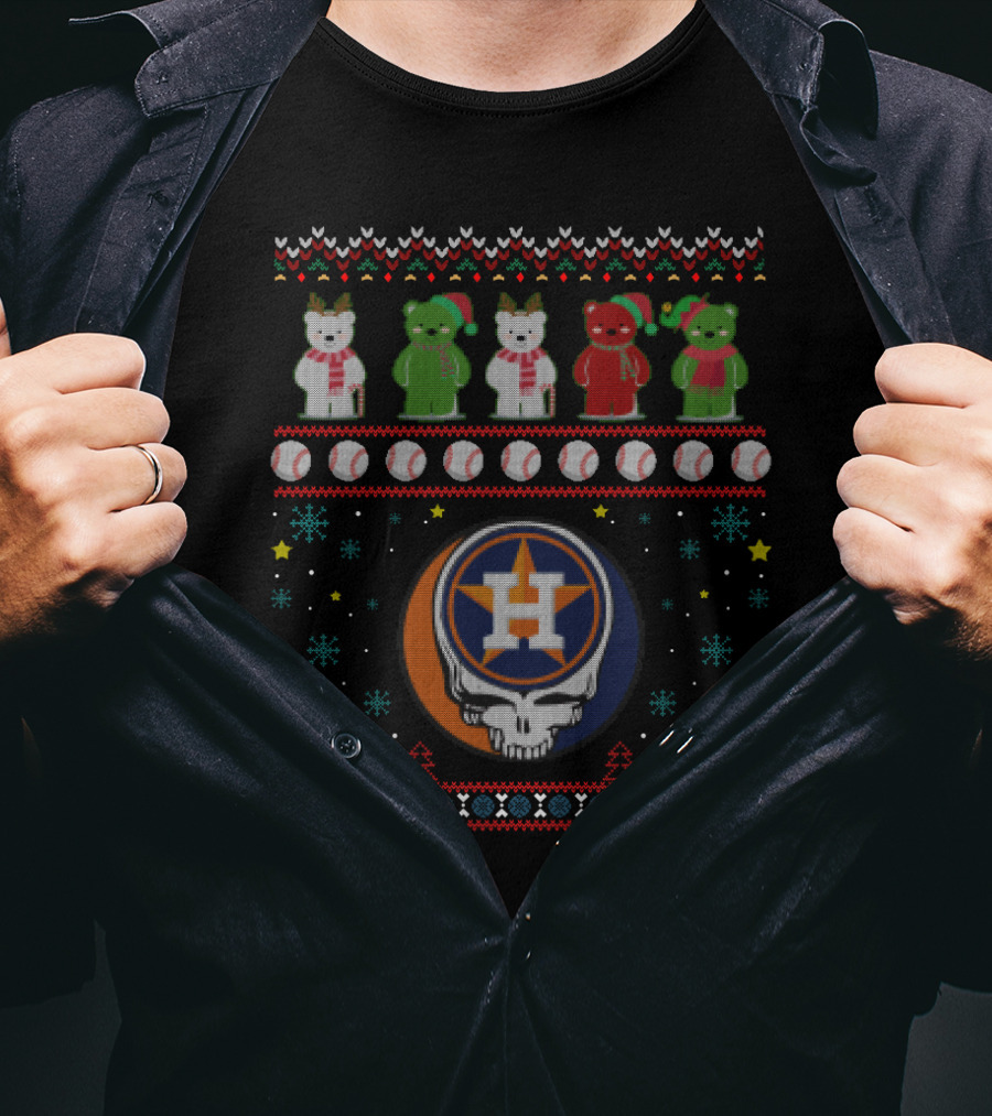 Houston Astros Grateful Dead Bears Christmas Baseball T-Shirt