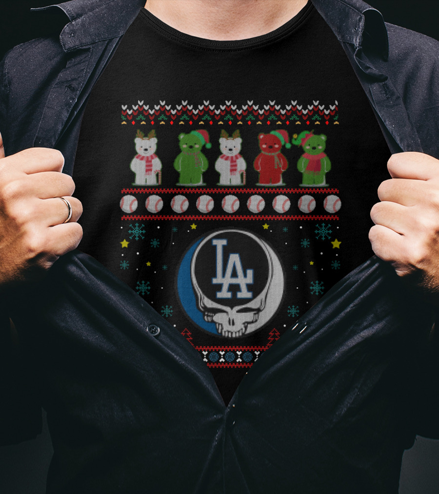 Los Angeles Dodgers Grateful Dead Bears Christmas Baseball T-Shirt