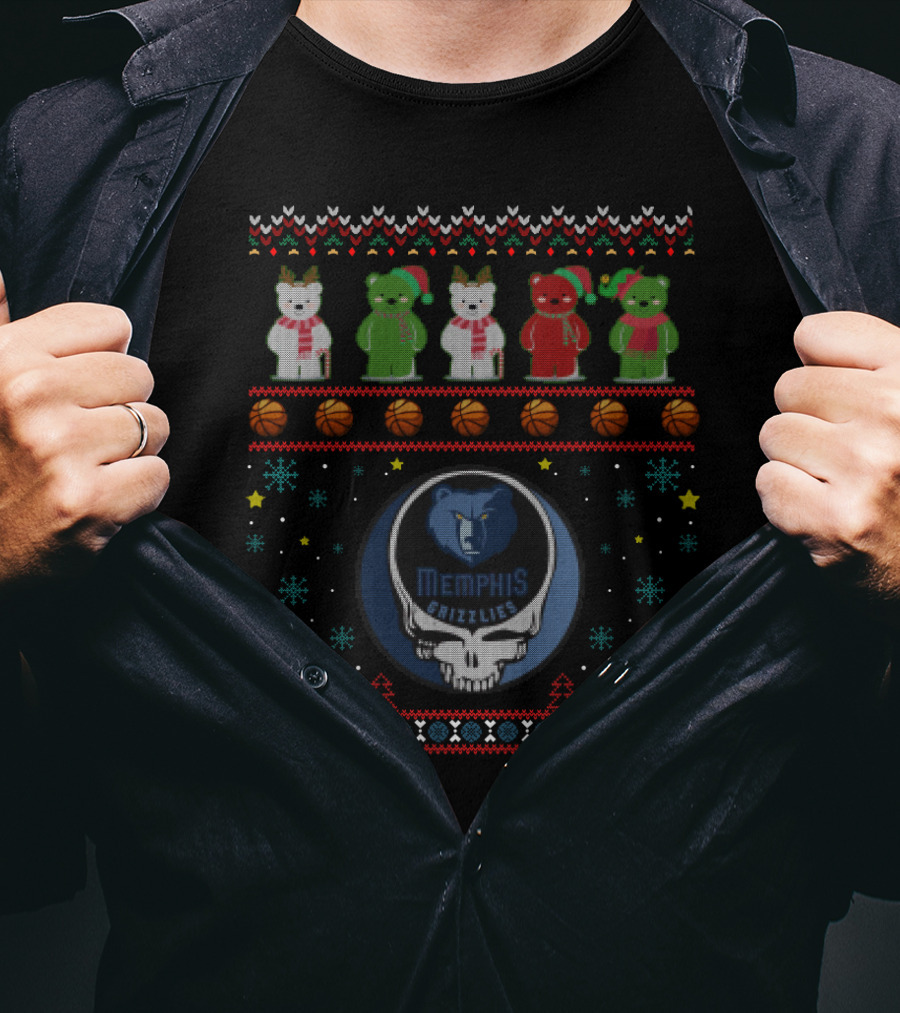 Memphis Grizzlies Bears Grateful Dead Christmas Themed Knit T-Shirt