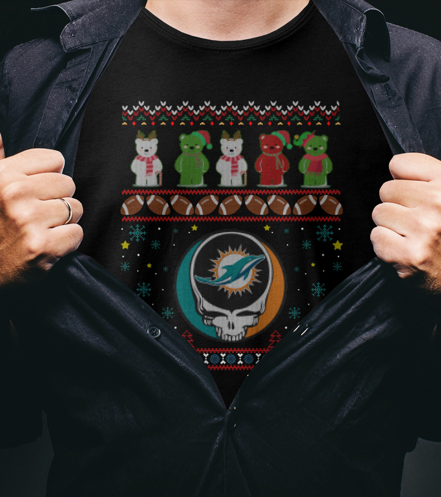 Miami Dolphins Grateful Dead Bears Christmas Football T-Shirt