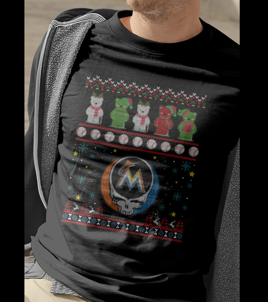 Miami Marlins Grateful Dead Bears Holiday Baseball Mashup T-Shirt