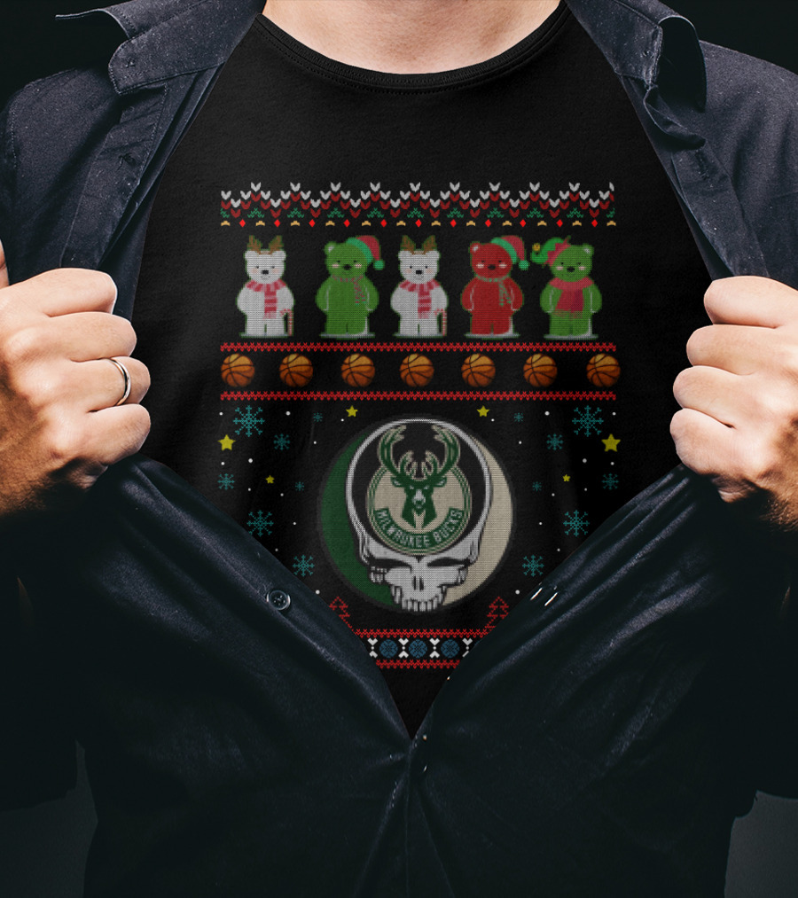 Milwaukee Bucks Grateful Dead Bears Christmas Sweater Style T-Shirt