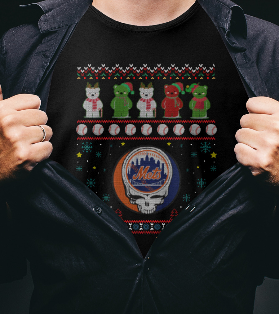 New York Mets Grateful Dead Bears Baseball Christmas T-Shirt