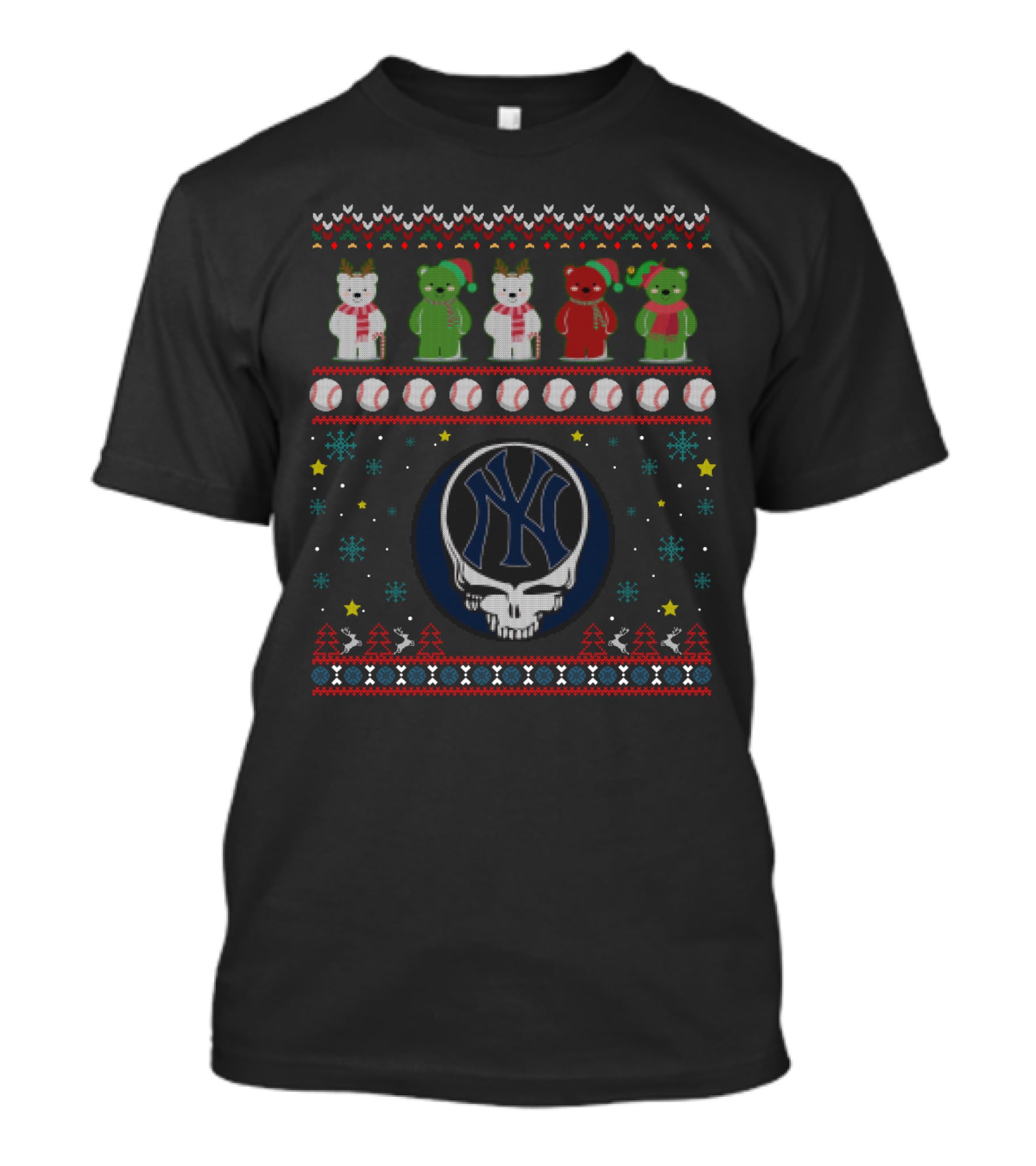 New York Yankees Grateful Dead Bears Ugly Christmas Sweater Baseball Skulls Holiday T-Shirt