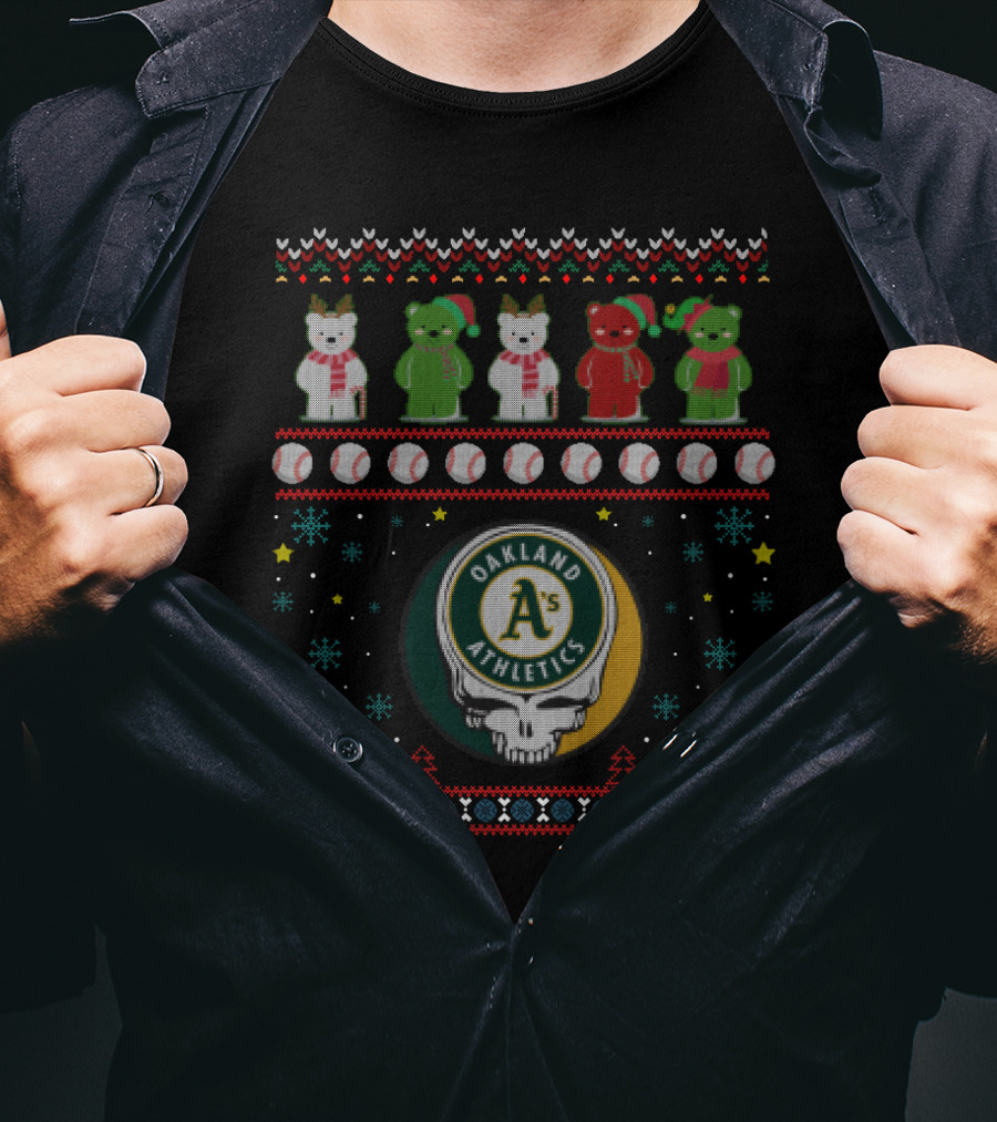 Oakland Athletics Grateful Dead Bears Christmas Baseball T-Shirt