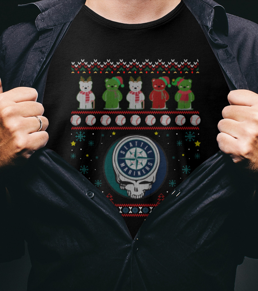 Seattle Mariners Bears Grateful Dead Steal Your Face Ugly Christmas T-Shirt