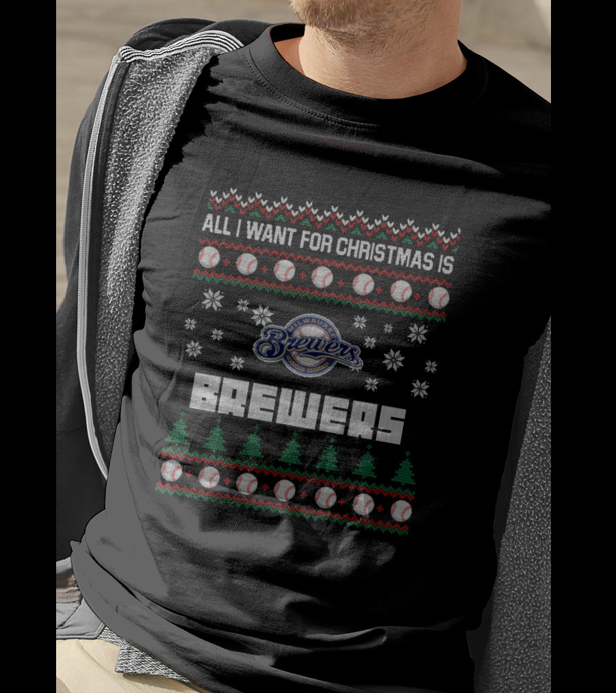All I Want For Christmas Is Milwaukee Brewers Snowflakes Baseball Tree T-Shirt