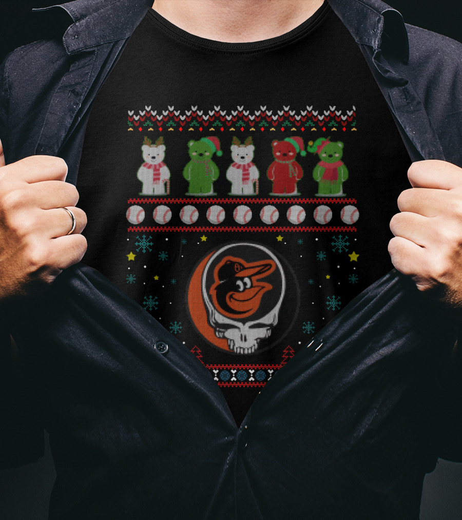 Baltimore Orioles Grateful Dead Bears Christmas Baseball T-Shirt