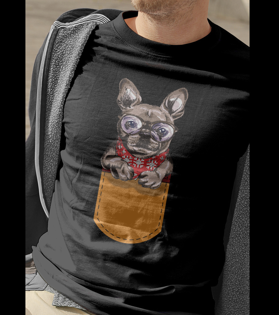 Cool Frenchie France Bulldog In Glasses With Red Scarf In Pocket T-Shirt
