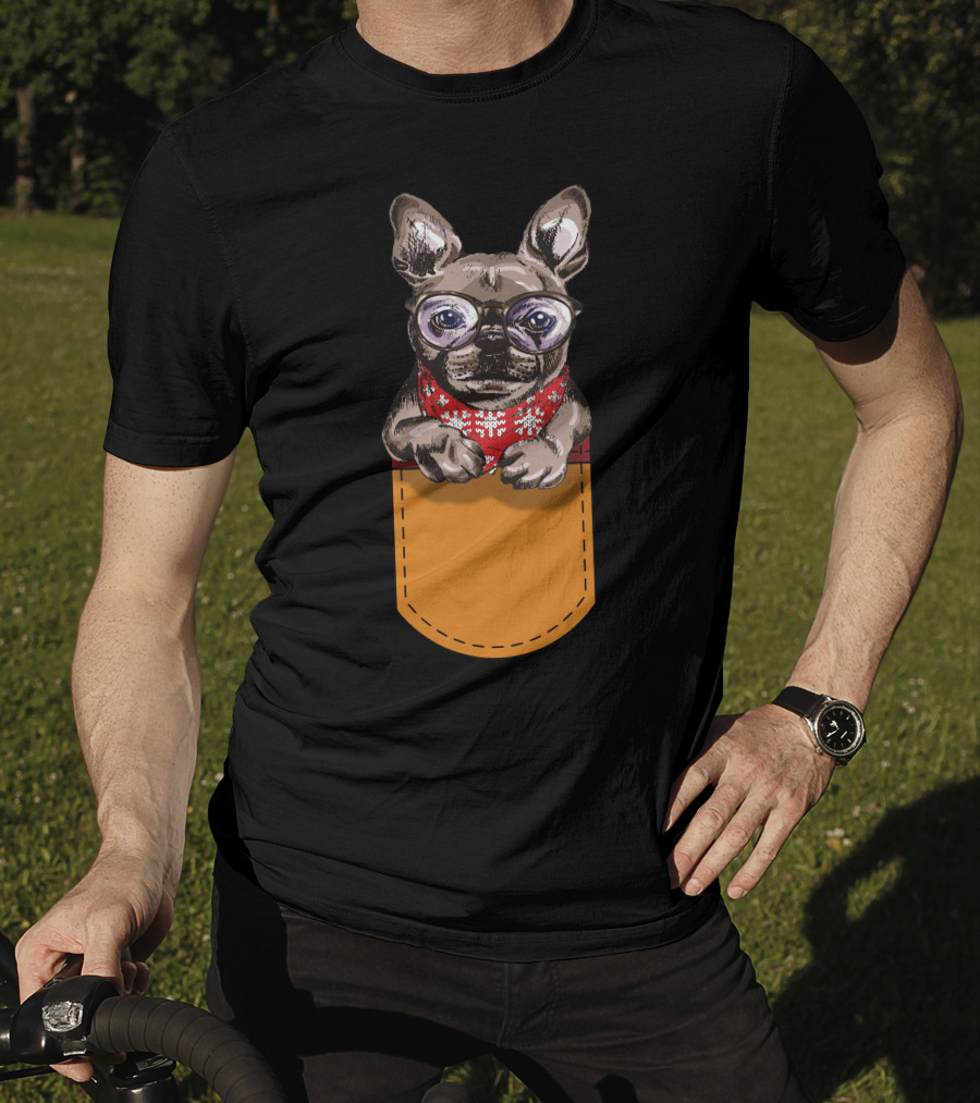 Cool Frenchie France Bulldog In Glasses With Red Scarf In Pocket T-Shirt