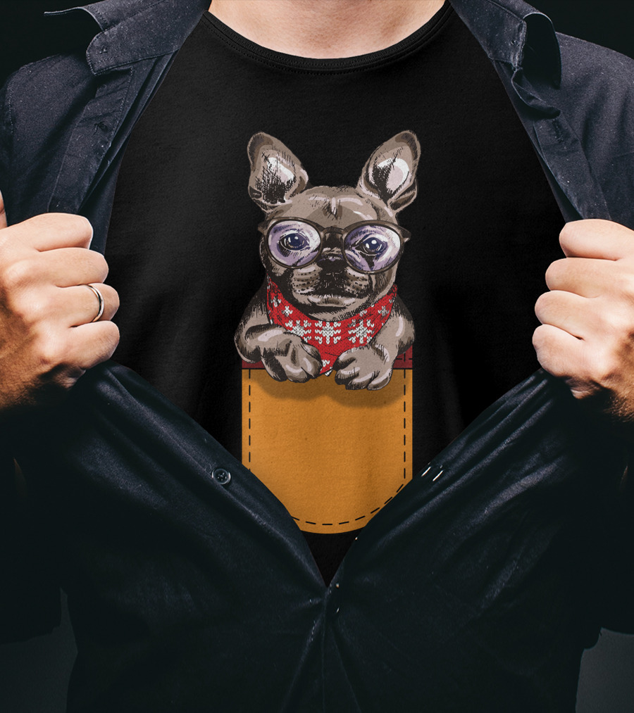 Cool Frenchie France Bulldog In Glasses With Red Scarf In Pocket T-Shirt