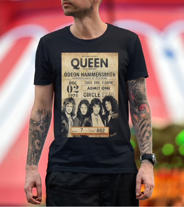 Premium T-Shirt: Queen Concert Odeon Hammersmith Dec 02 1975 Admit One Circle 7:30PM Block 7 Seat A62 T-Shirt Queen Concert Odeon Hammersmith Dec 02 1975 Admit One Circle 7:30PM Block 7 Seat A62 T-Shirt