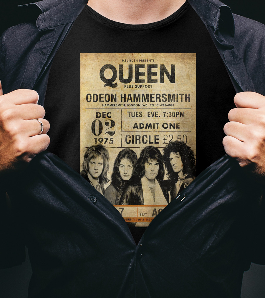 Queen Concert Odeon Hammersmith Dec 02 1975 Admit One Circle 7:30PM Block 7 Seat A62 T-Shirt