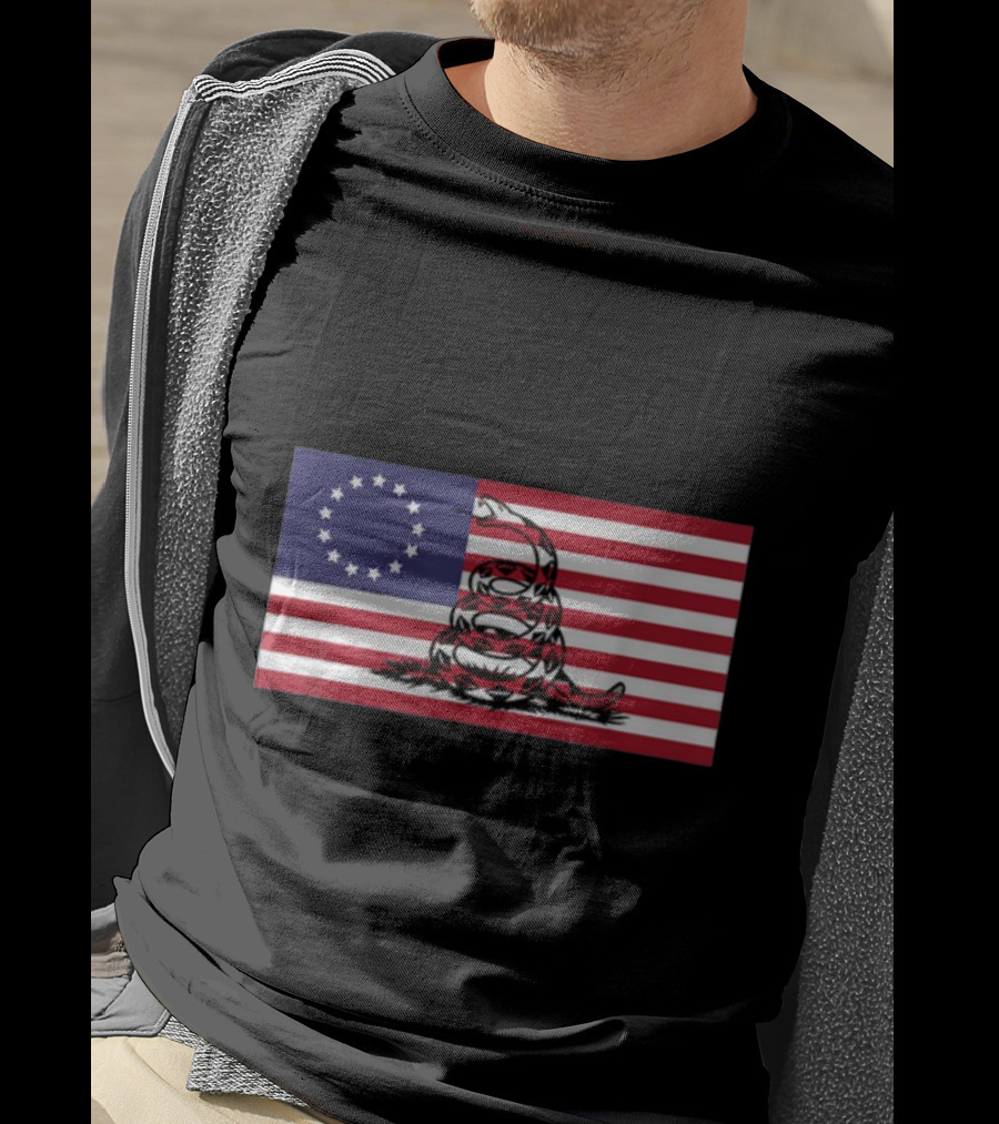 Betsy Ross Flag Combined With Gadsden Snake Icon 13 Star Colonial American Symbolism T-Shirt