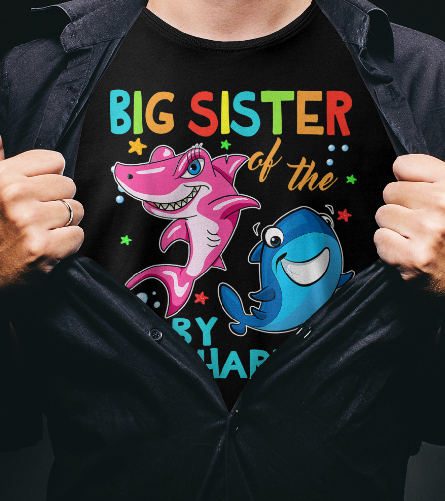 Big Sister Of The Baby Shark With Colorful Cartoon Characters And Sea Creatures T-Shirt