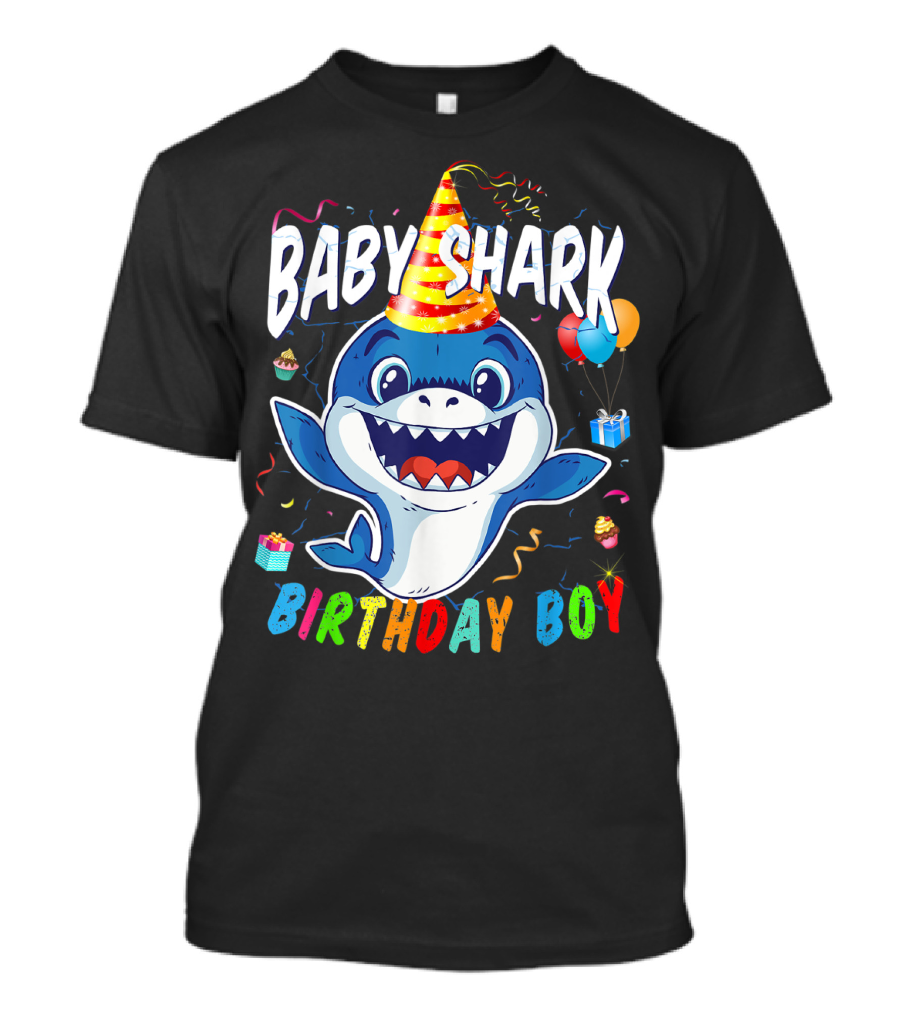 Baby Shark Birthday Boy Celebration With Party Hat And Balloons T-Shirt