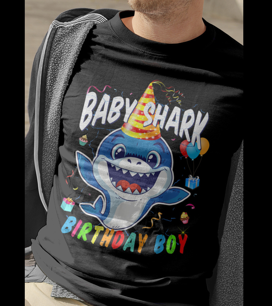 Baby Shark Birthday Boy Celebration With Party Hat And Balloons T-Shirt