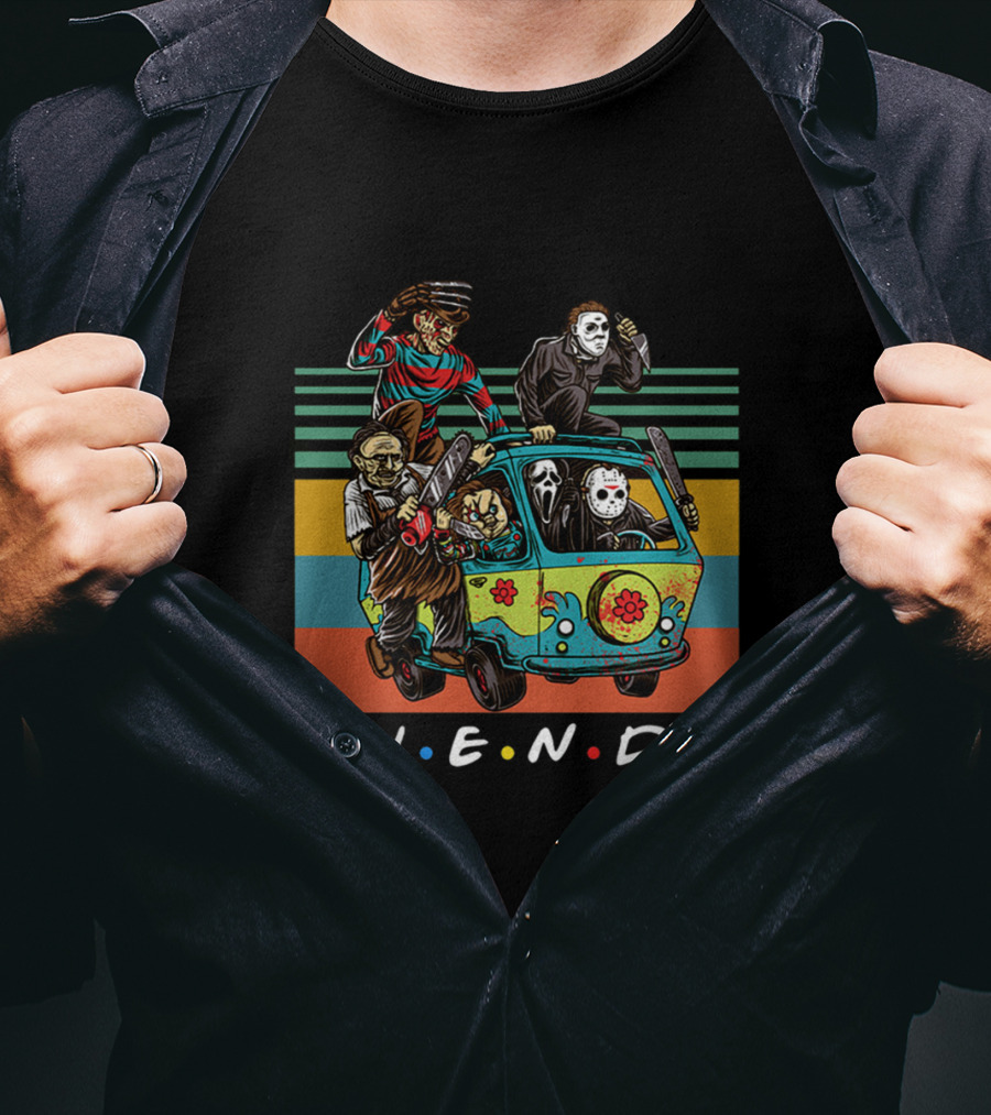 Fiends TV Show Horror Movie Characters Parody With Freddy Jason Scream Driving Scooby-Doo Van T-Shirt