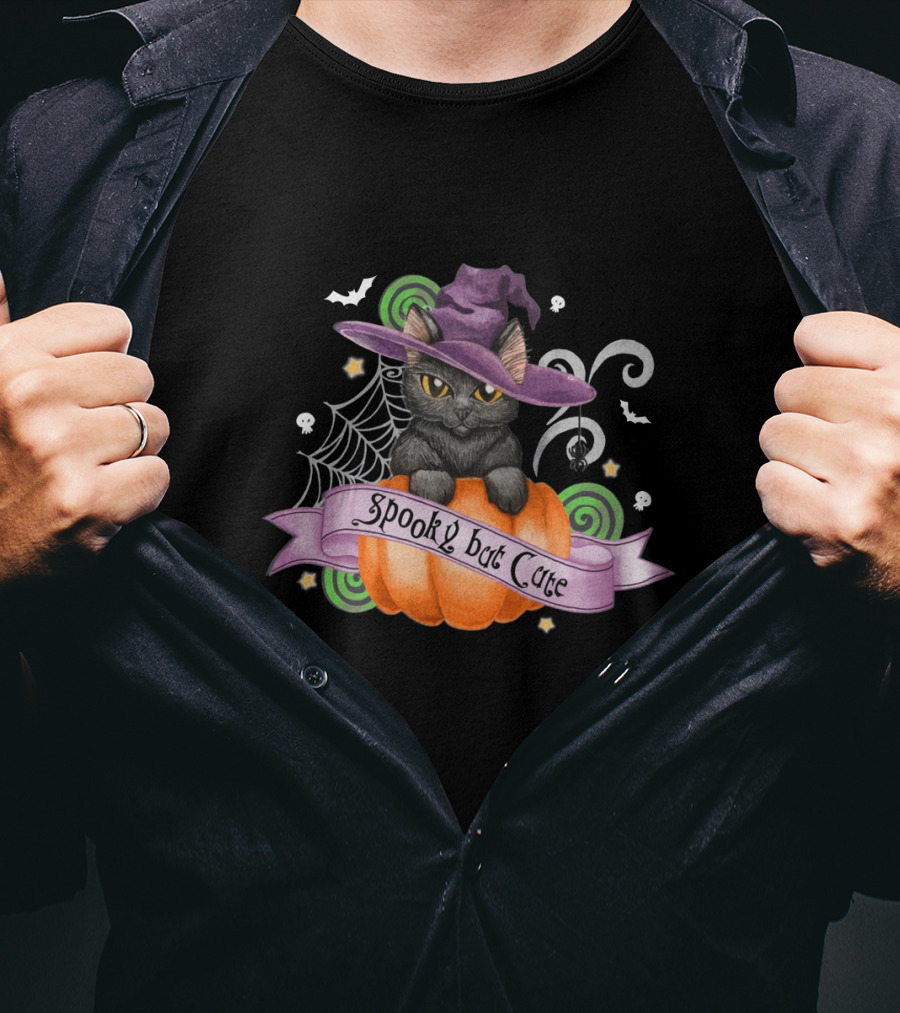 Spooky But Cute Cat Halloween Witch Hat Pumpkin Spiderweb Bats Skulls T-Shirt