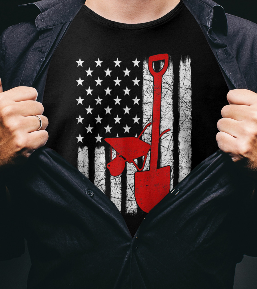 American Flag Garden Tools Wheelbarrow Shovel T-Shirt
