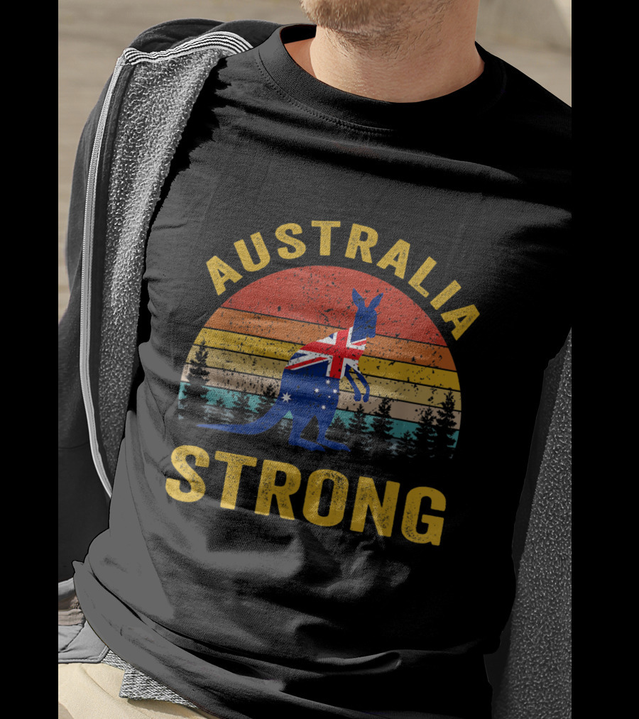 Australia Strong Kangaroo Flag Sunset Forest Scene T-Shirt