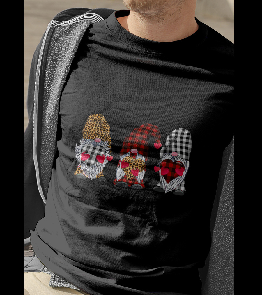 Three Gnomes Leopard Buffalo Plaid Hearts Valentines T-Shirt