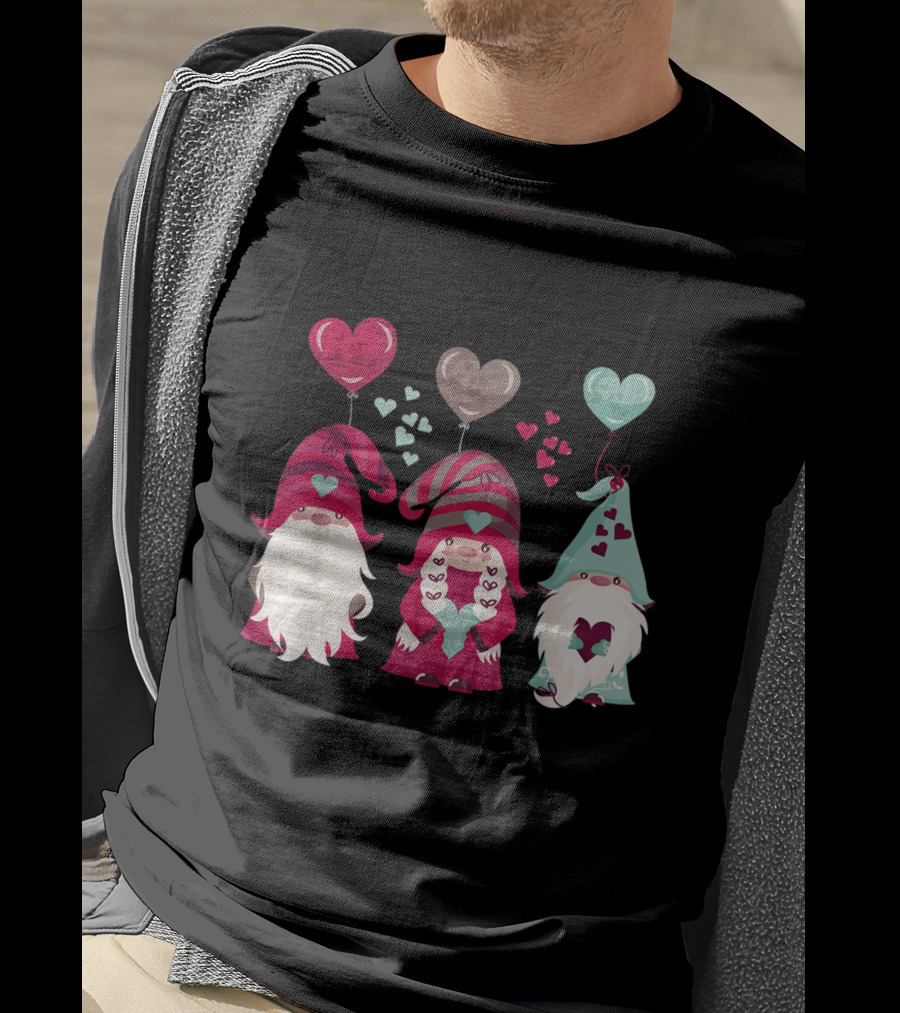 Three Gnomes With Heart Balloons Valentines T-Shirt