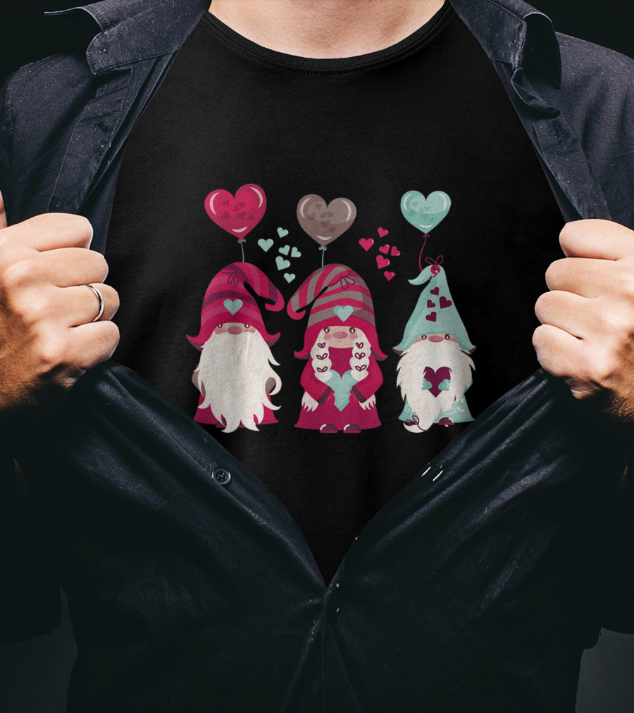 Three Gnomes With Heart Balloons Valentines T-Shirt