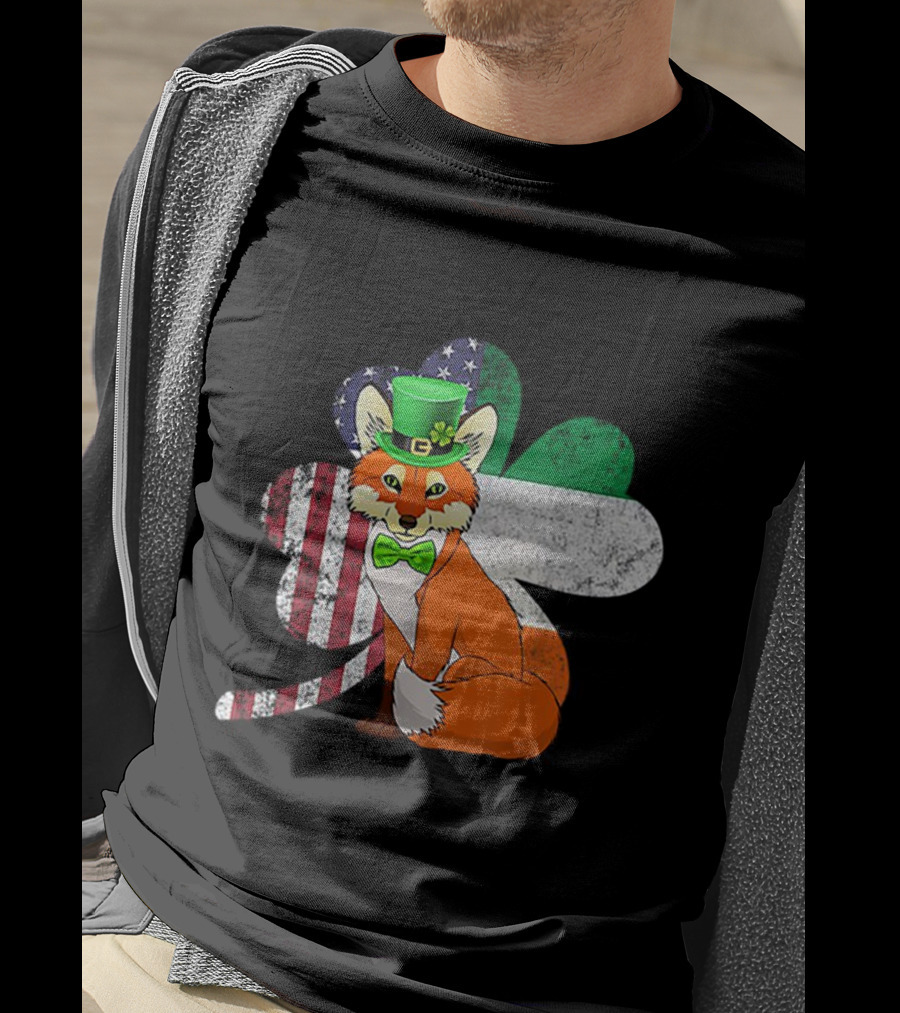 Irish American Flag Shamrock With Bow Tie Fox In Green Hat T-Shirt
