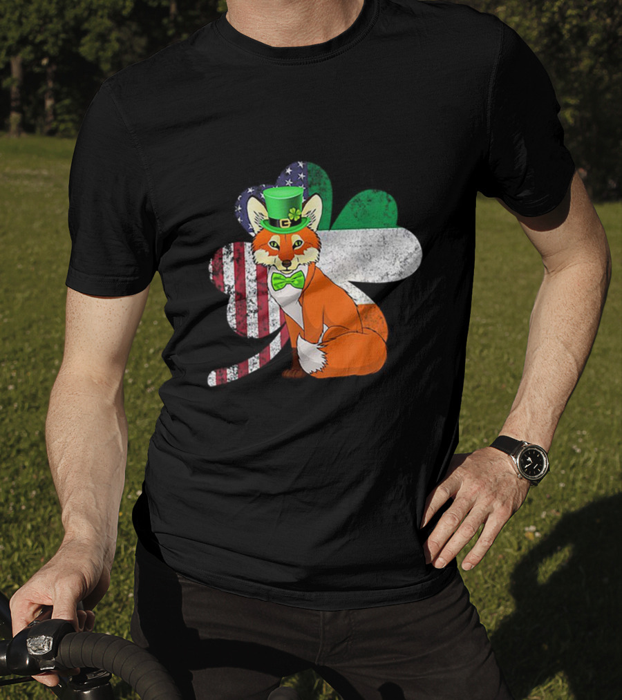 Irish American Flag Shamrock With Bow Tie Fox In Green Hat T-Shirt
