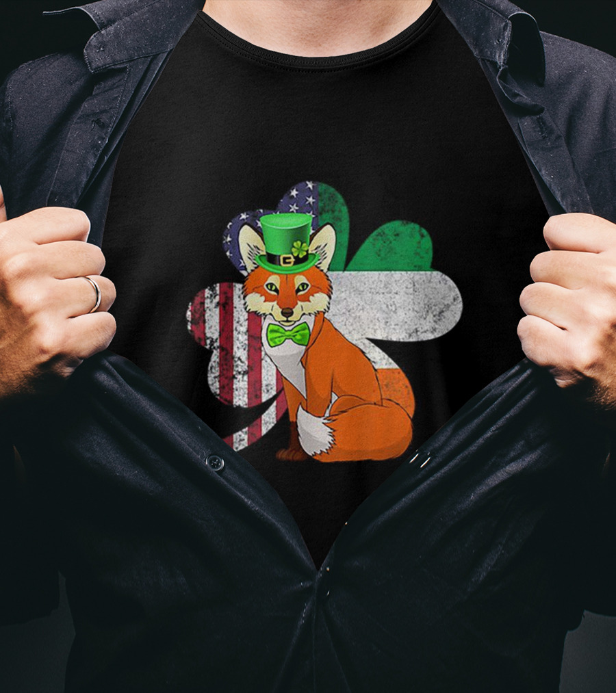 Irish American Flag Shamrock With Bow Tie Fox In Green Hat T-Shirt