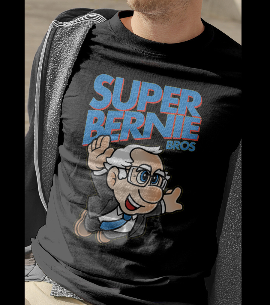 Super Bernie Bros Flying Cartoon Character In Blue Suit And Glasses Iconic T-Shirt