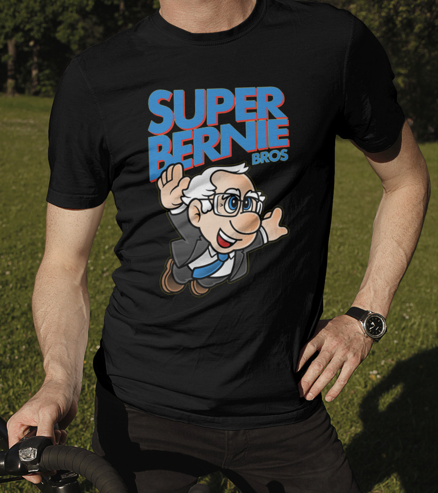 Super Bernie Bros Flying Cartoon Character In Blue Suit And Glasses Iconic T-Shirt
