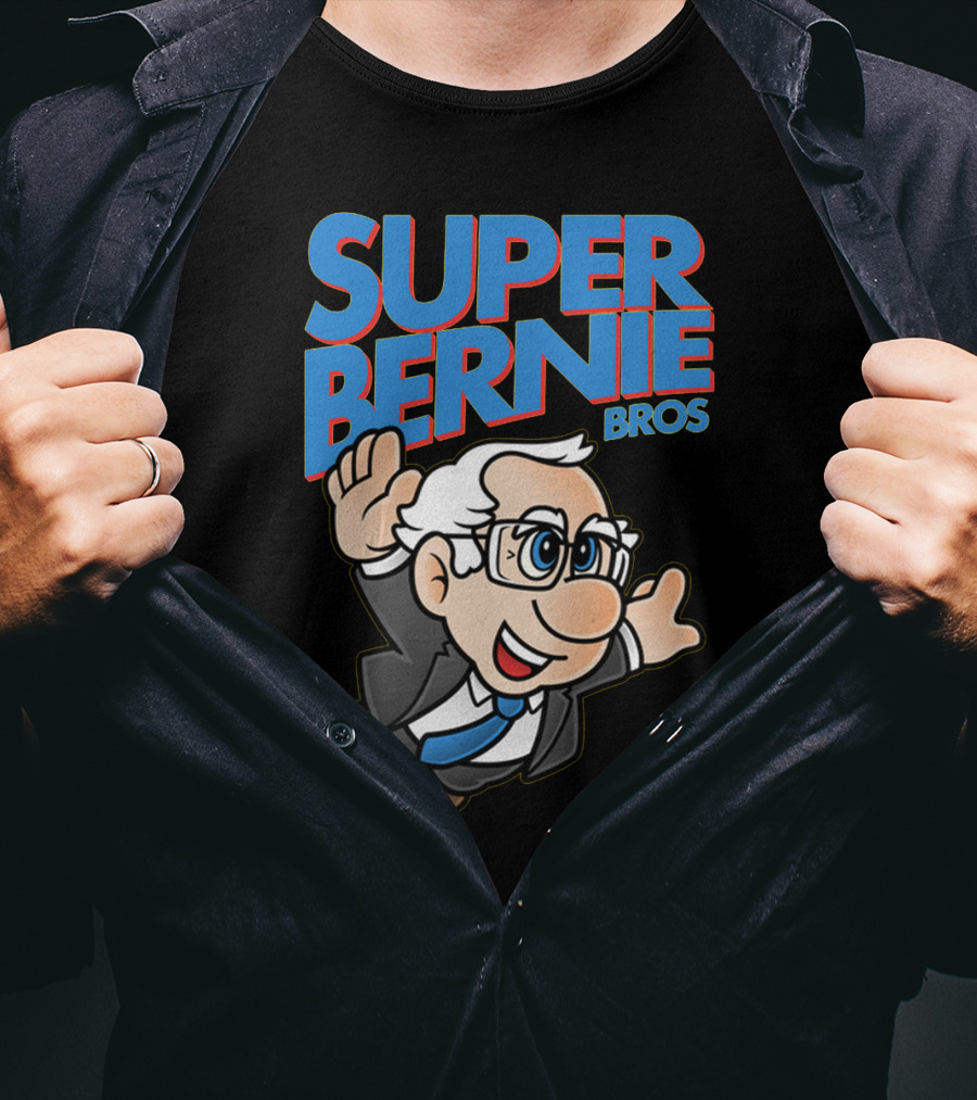 Super Bernie Bros Flying Cartoon Character In Blue Suit And Glasses Iconic T-Shirt