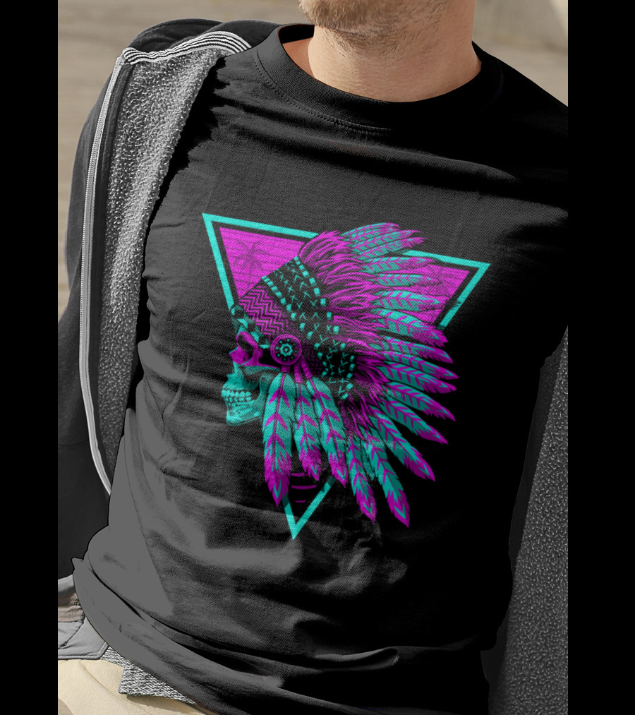 Retro Neon Skull With Headdress In Triangle Frame T-Shirt